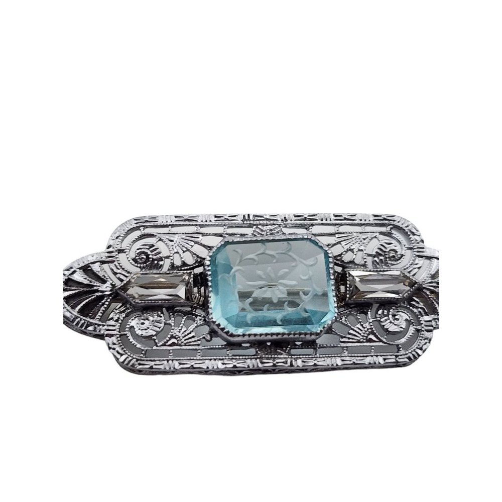 Antique Art Deco Etched Glass Filigree Brooch (A3245)